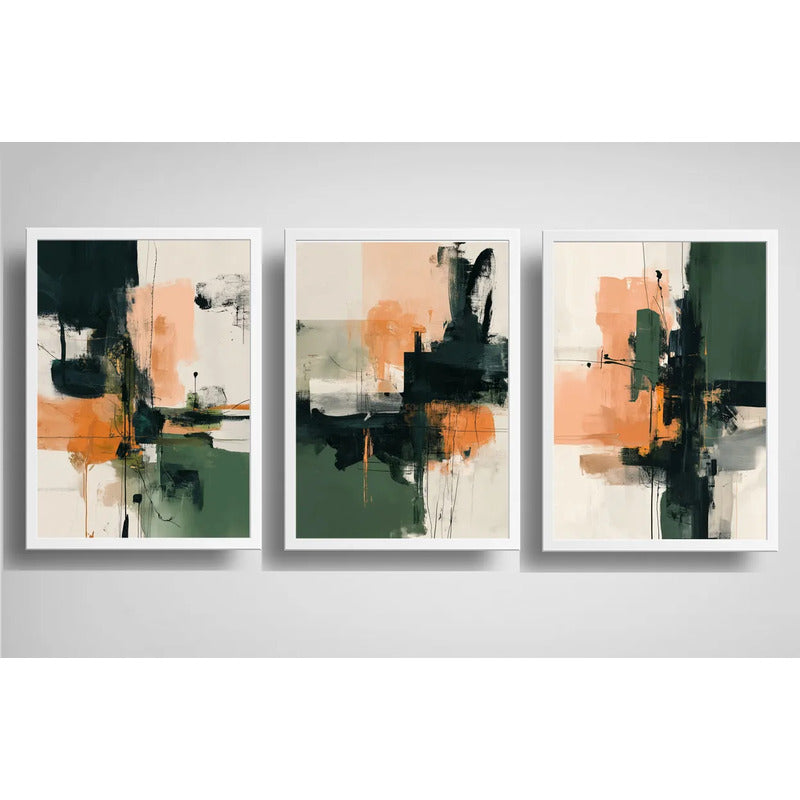 Set 3 Cuadros Dormitorio Living Abstracto Arte Verde Durazno Marco Blanco