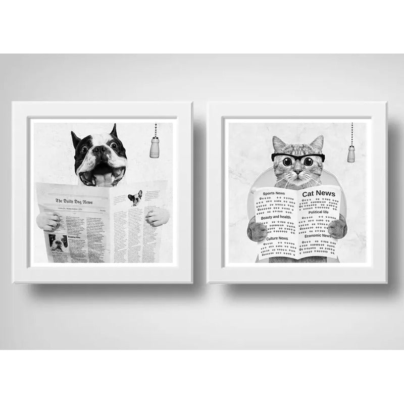 Set 2 Cuadros Perro Gato Baño Blanco Y Negro Mascotas Decora