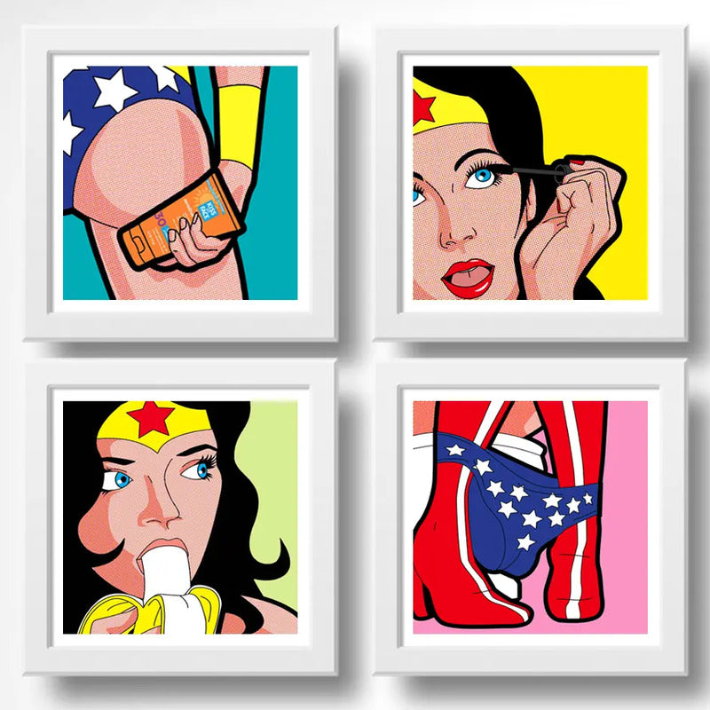 Set 4 Cuadros Mujer Maravilla Fashion Baño Superhéroe Comics