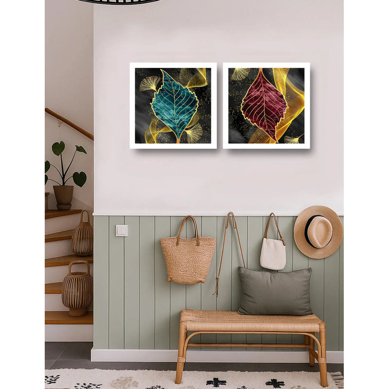 Set 2 Cuadros Living Dormitorio Flores Detalles Oro 33x33cm Marco Blanco