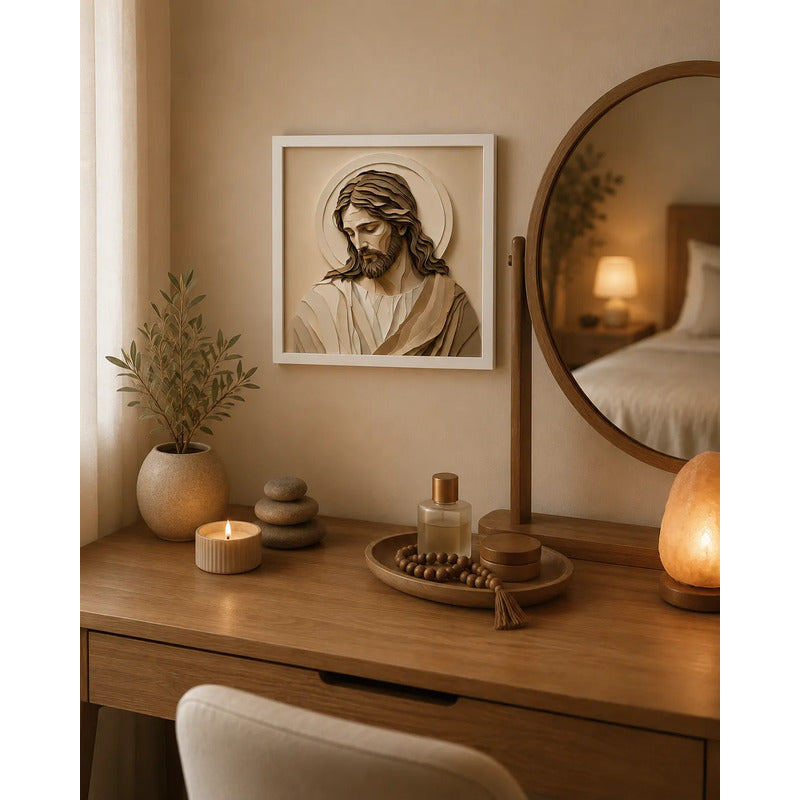 Cuadro Jesús Cristo Arte Sacro Tonos Beige Y Crema 33x33cm Marco Blanco