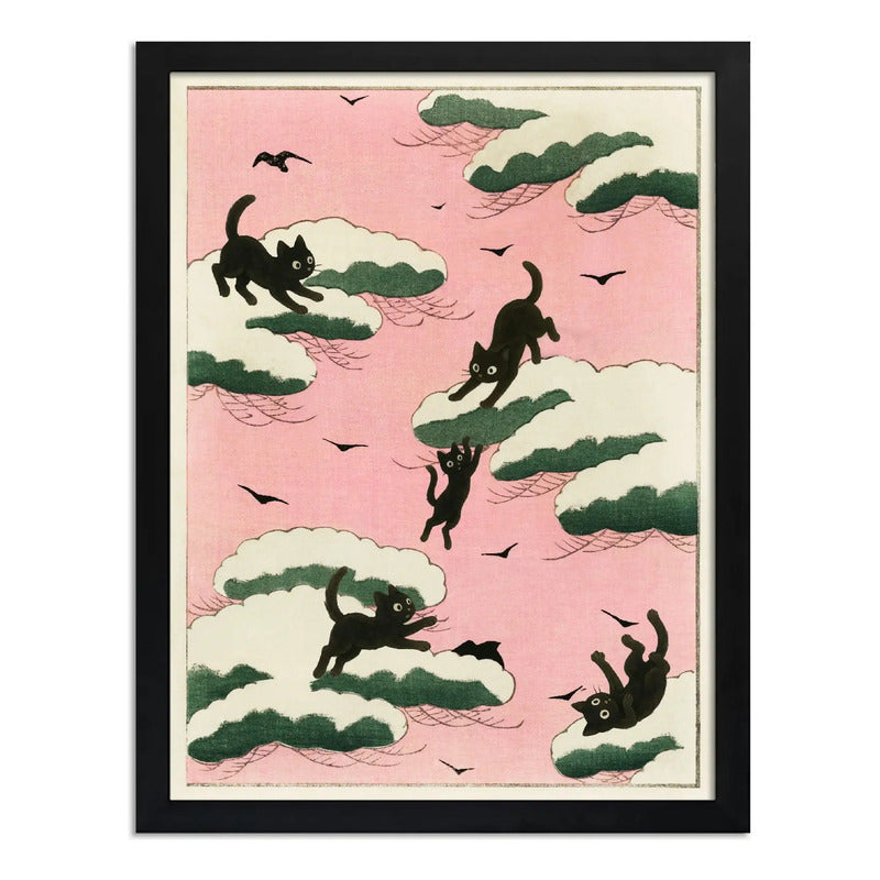 Cuadro Para Dormitorio Gatos En Nubes Rosa Suave Decoracion Marco Negro