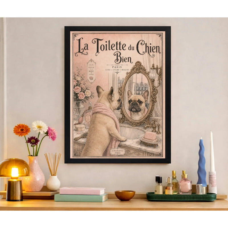 Cuadro Bano Bulldog Frances Espejo Perro Paris Retro Arte Marco Negro