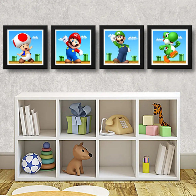 Set 4 Cuadros Mario Bros Luigi Toad Yoshi Game Decoracion Marco Negro