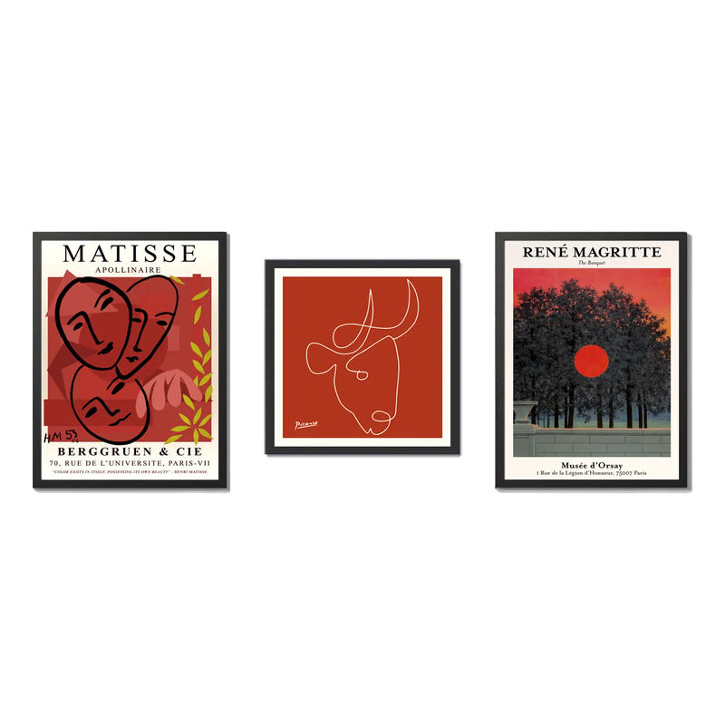 Set 3 Cuadros Para Living Cocina Estudio Tonos Rojos Red Matisse Picasso Magritte Con Marco Negro
