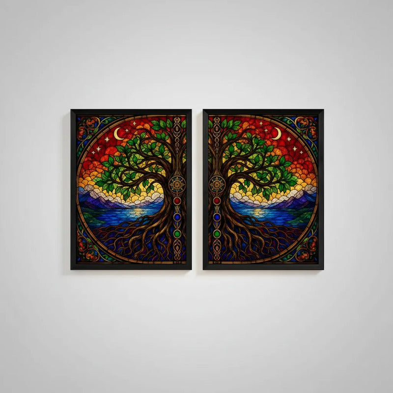 Set 2 Cuadros Arbol De La Vida Estilo Vitral Mural Díptico Marco Negro