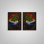 Set 2 Cuadros Arbol De La Vida Estilo Vitral Mural Díptico Marco Negro