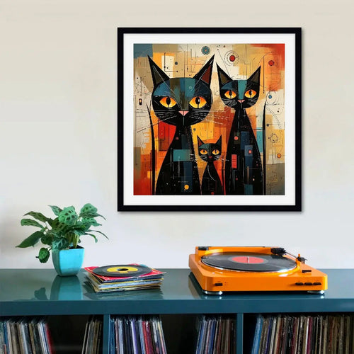 Cuadro 3 Gatos Negros Arte Abstracto Decoracion - 33x33cm Marco Negro