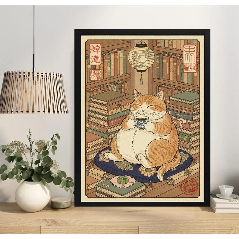 Cuadro Gato Cafe Wagashi Neko Libros Art Japón Living Cocina Marco Negro