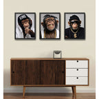 Set 3 Cuadros Los Tres Monos Rap Con Cadenas De Oro Chimps Marco Negro