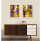 Set 2 Cuadros Dormitorio Living Abstracto Amarillo Púrpura Marco Marrón Claro