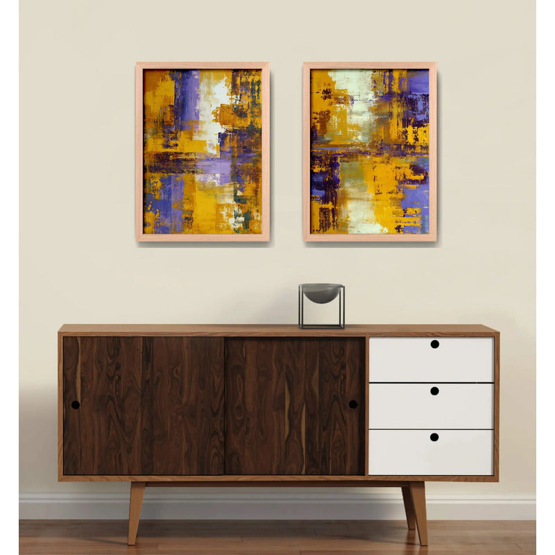 Set 2 Cuadros Dormitorio Living Abstracto Amarillo Púrpura Marco Marrón Claro