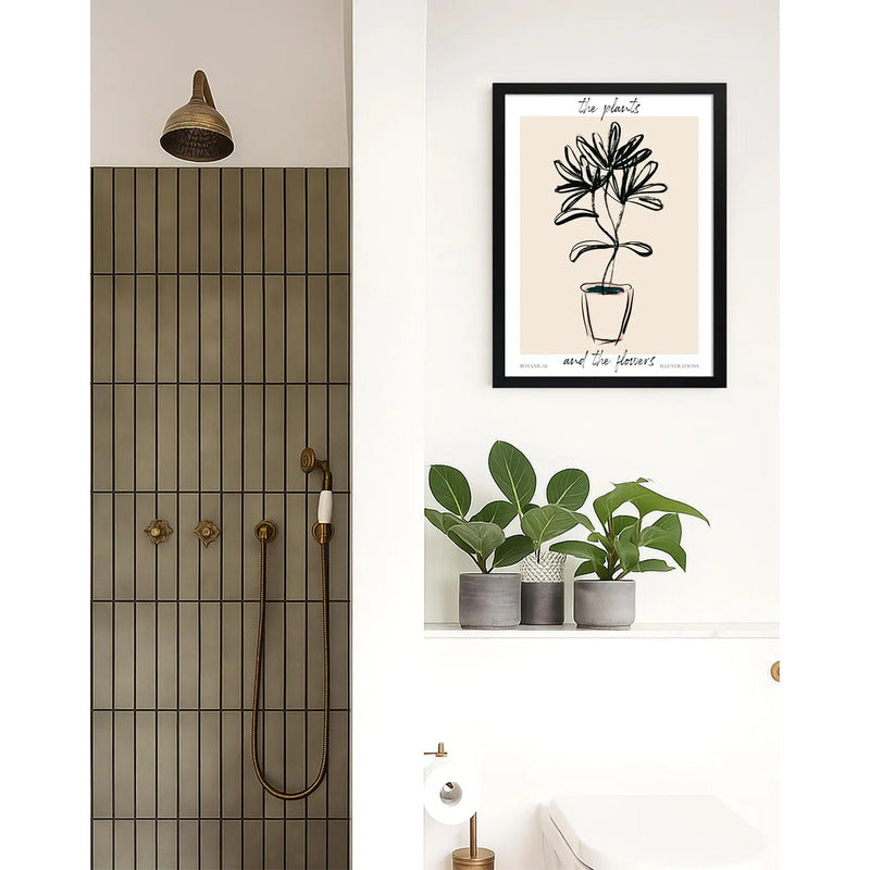 Cuadro Dormitorio Living Planta Dibujo Lineal Tonos Beige Marco Negro