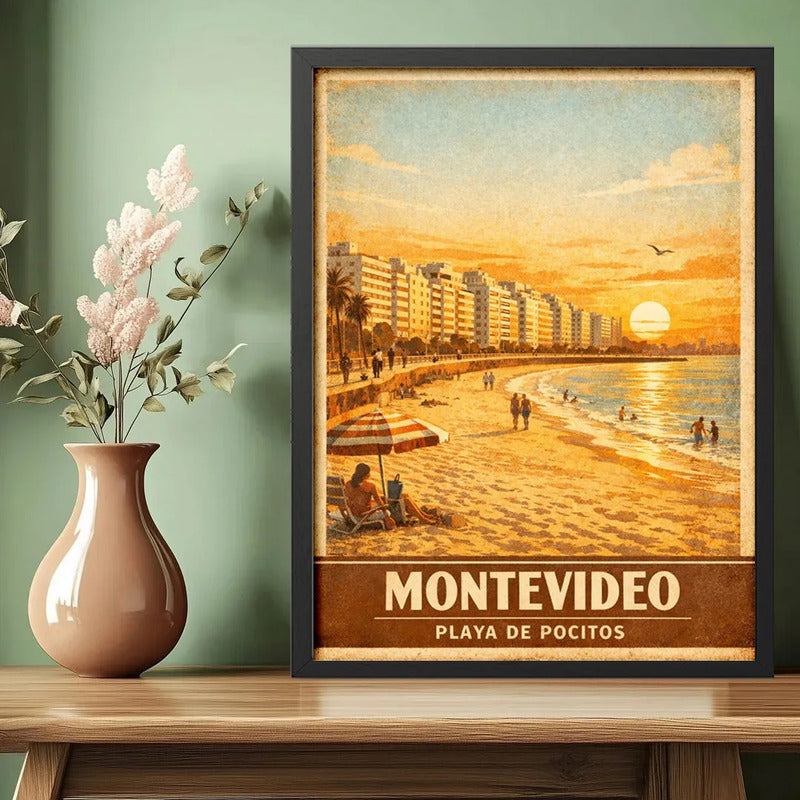 Cuadro Montevideo Playa De Pocitos Rambla Mar Retro Uruguay Marco Negro