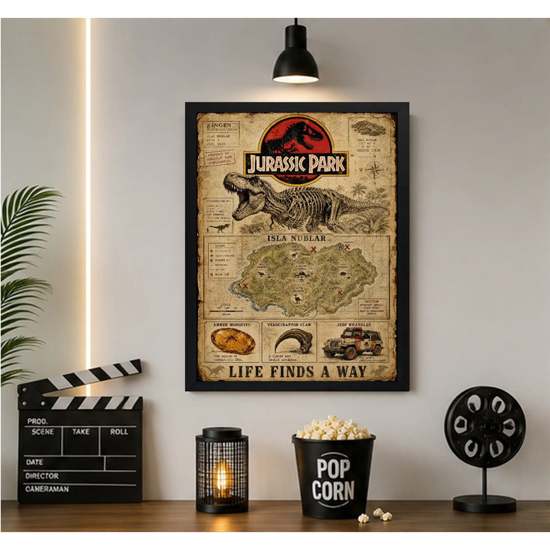 Cuadro Jurassic Park Mapa Isla Nublar Dinosaurio B4 Pelicula Marco Negro