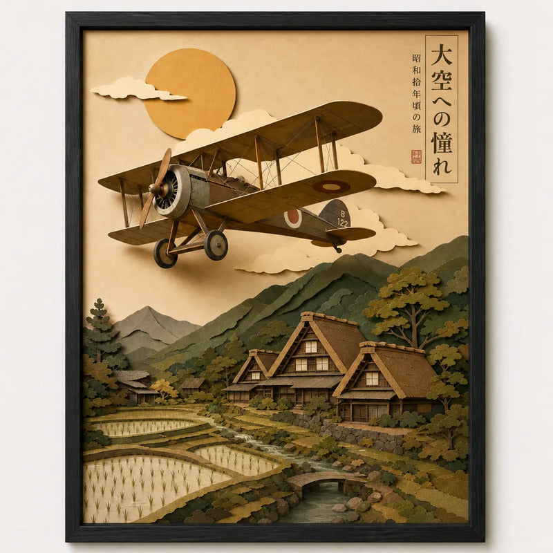 Cuadro Avion Biplano Vintage Arte Japones Efecto 3d Aviacion Marco Negro