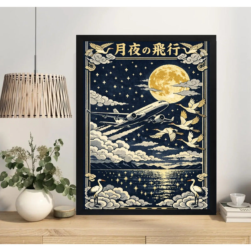 Cuadro Avion Vuelo Iluminado Por La Luna Grulla Nubes Japón Marco Negro