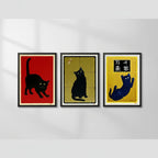 Set 3 Cuadros Living Gatos Japoneses Arte Japón Gato Negro Marco Negro