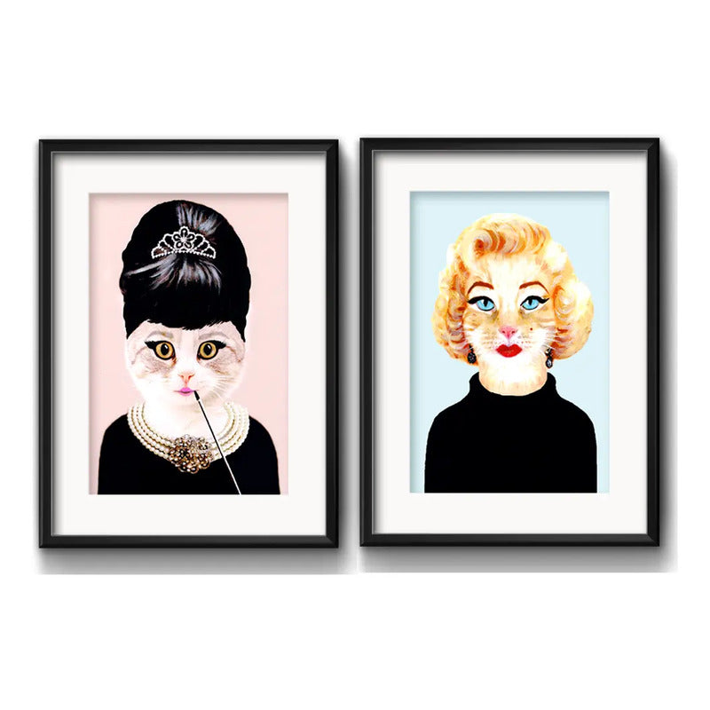 Set 2 Cuadros Gatas Marilyn Monroe Audrey Hepburn Paspartu