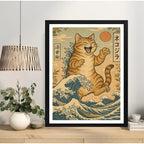 Cuadro Dormitorio Living Catzilla Gato Godzilla Ola Japón Marco Negro
