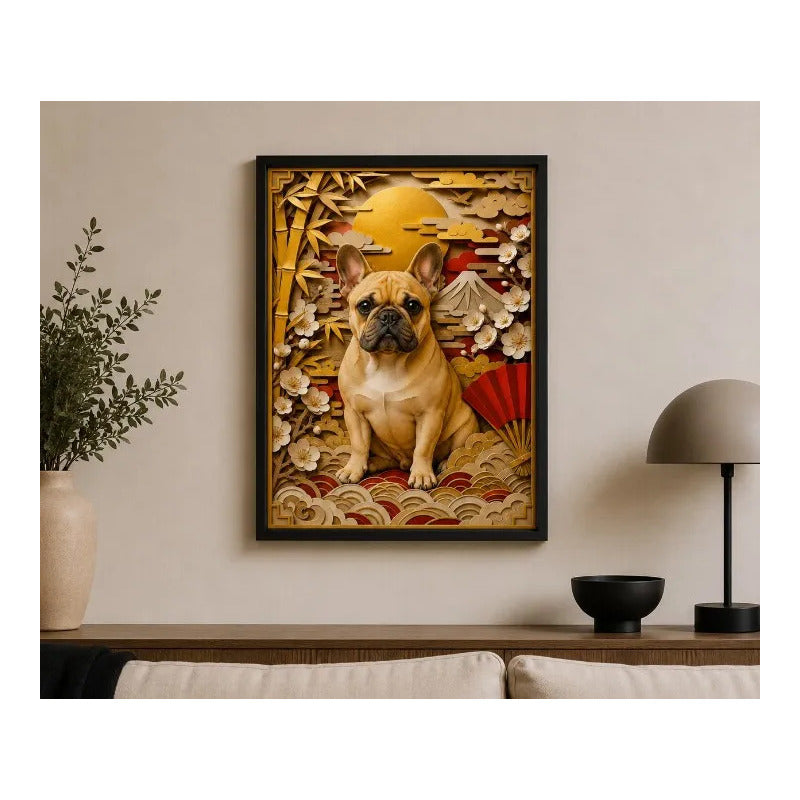 Cuadro Bulldog Frances Perro Arte Japones Bambu Efecto 3d Marco Negro