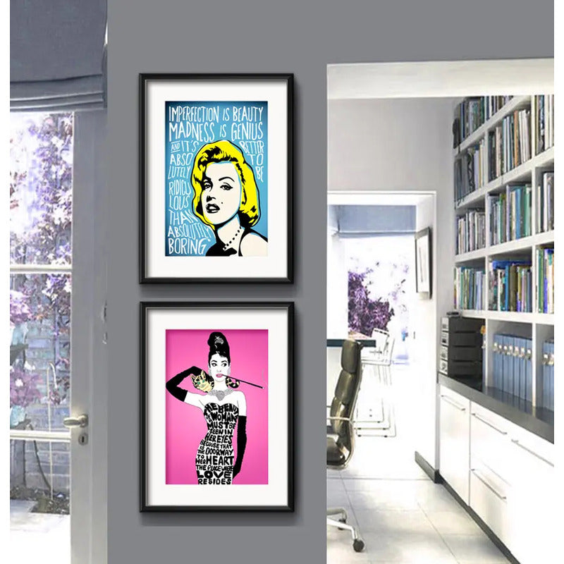 Set 2 Cuadros Marilyn Monroe Audrey Hepburn Pop Art Paspartú
