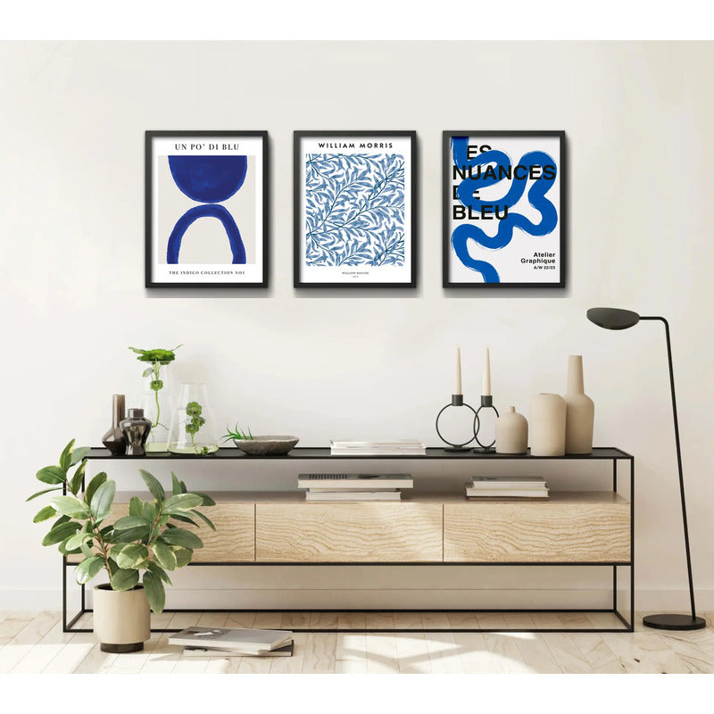 Set 3 Cuadros Dormitorio Living Indigo Abstract Tonos Azul Marco Negro