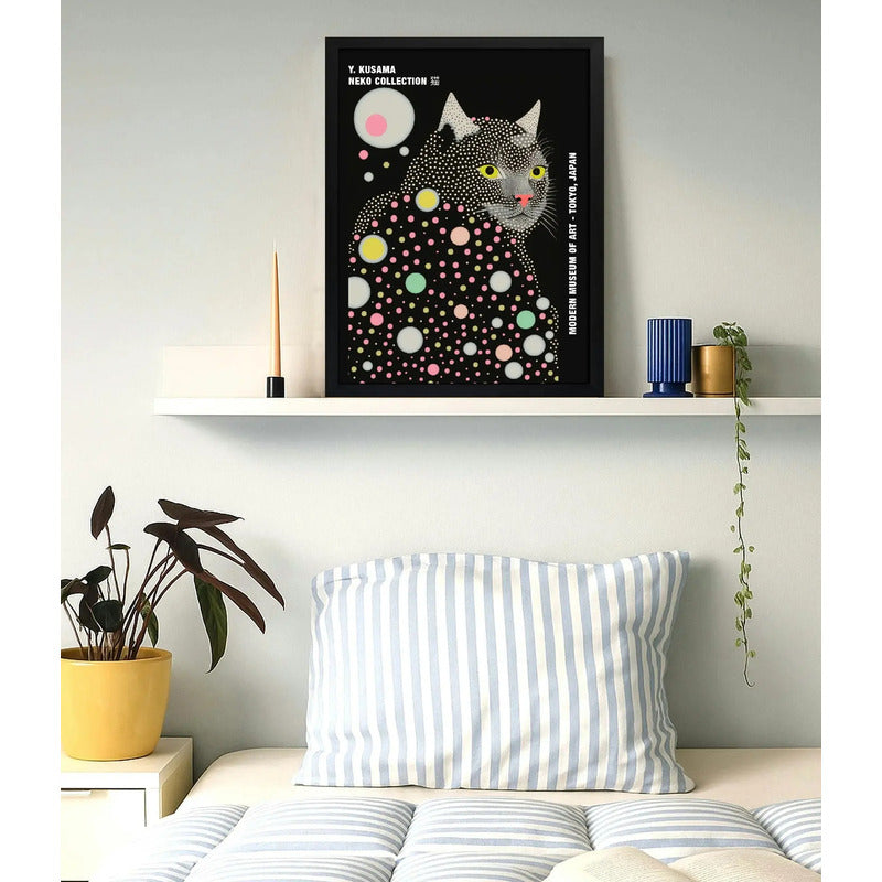 Cuadro Yayoi Kusama Cats & Dots Gato Neko Arte Japones Marco Negro