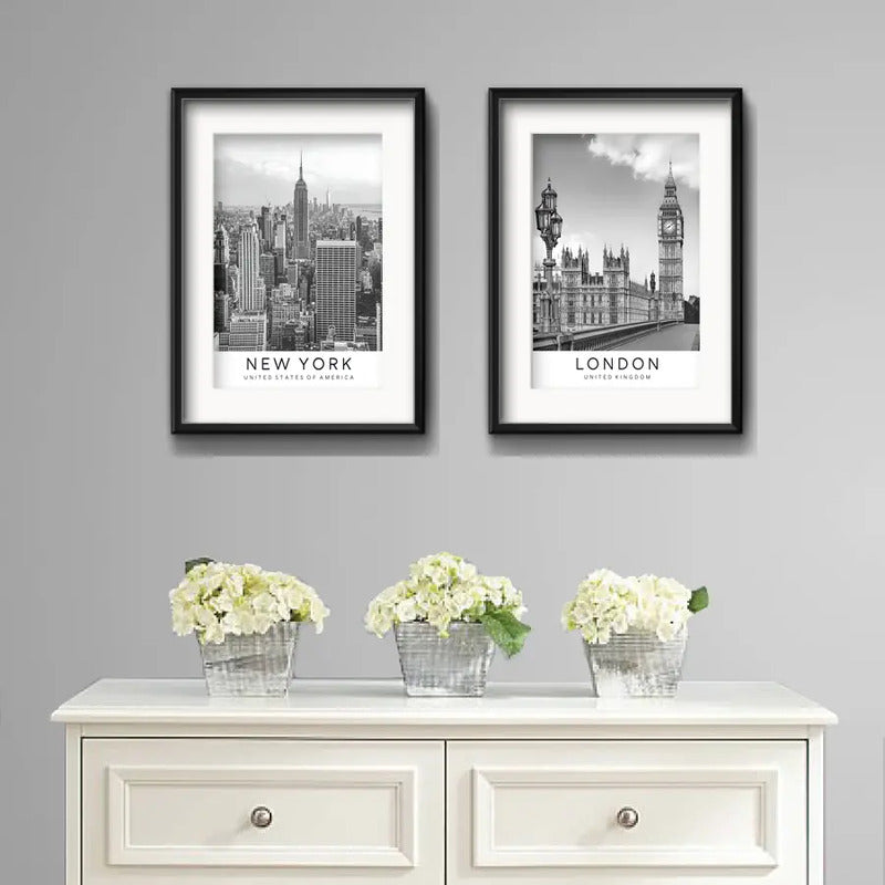 Set 2 Cuadros New York Londres Blanco Y Negro Con Paspartú Marco Negro