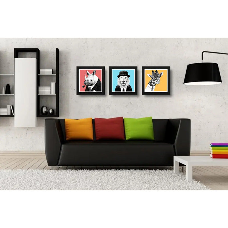 Set 3 Cuadros León Jirafa Rinoceronte Hispter Pop Art Decor
