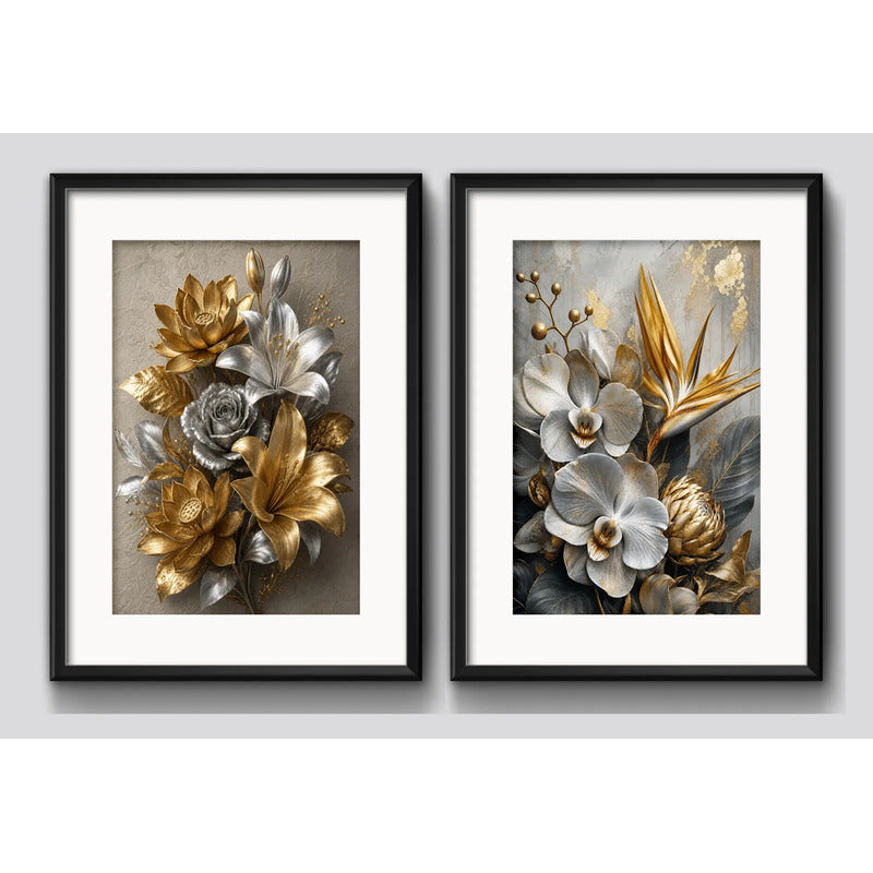 Set 2 Cuadros Flores Tonos Dorados Plateados B2 Con Paspartú 53x43cm Cada Cuadro Negro