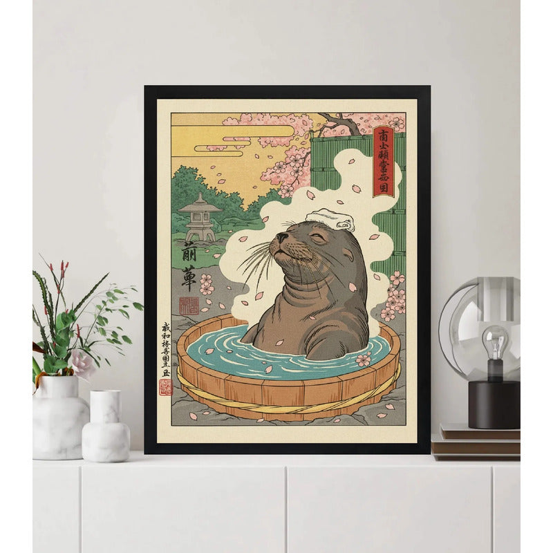 Cuadro Lobo Marino Banera Spa Bano Flores Cerezo Japón Marco Negro