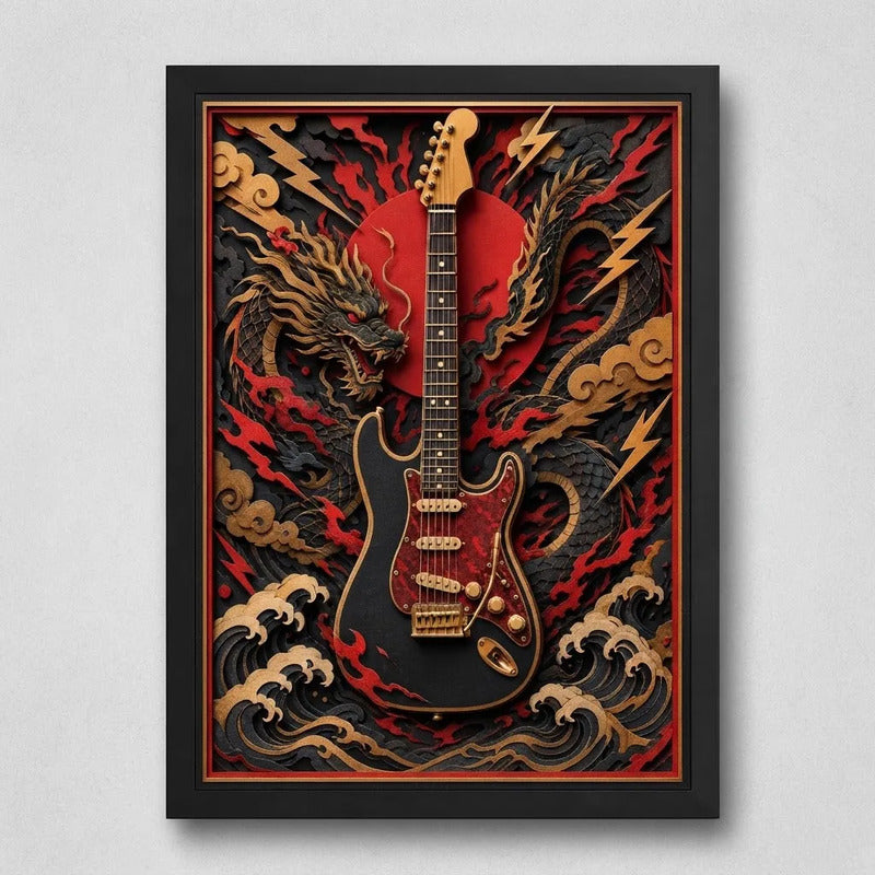 Cuadro Guitarra Fender Strato Rock Arte Japones Efecto 3d Marco Negro
