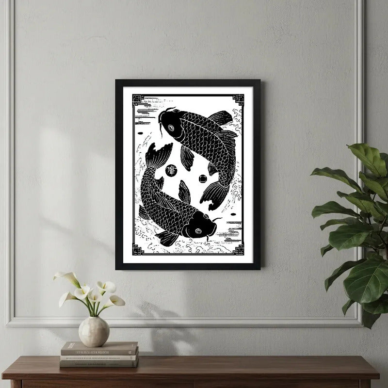 Cuadro Koi Peces Armonía Yin Yang Blanco Y Negro Decoracion Marco Negro