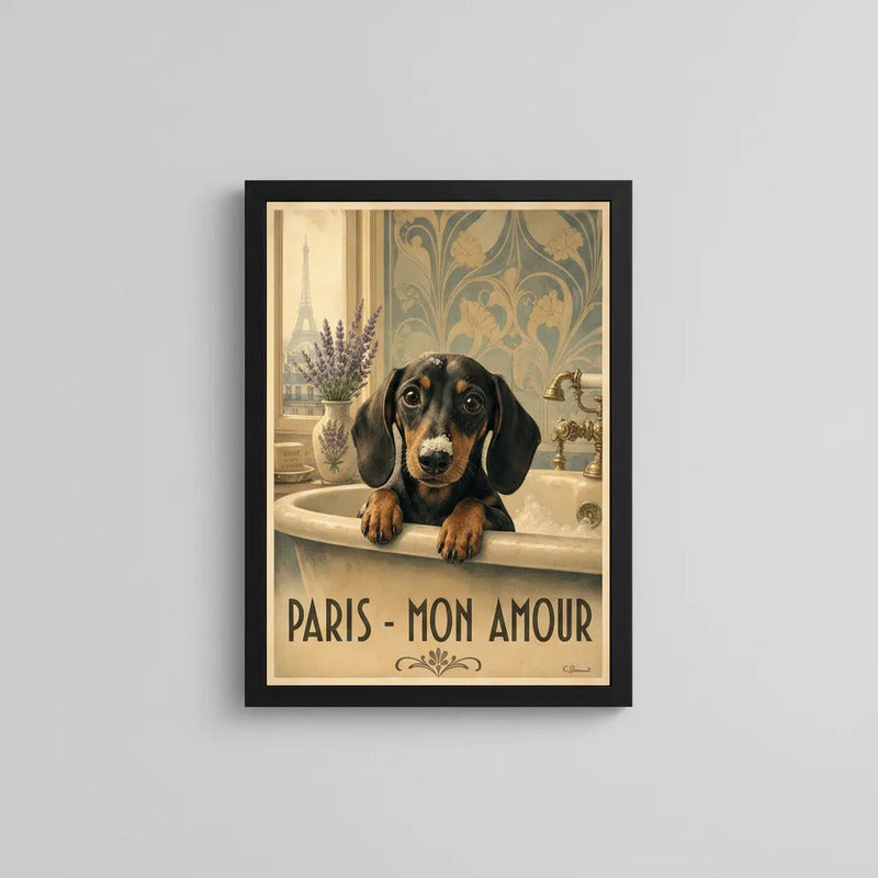 Cuadro Baño Paris Mon Amour Perro Salchicha Dachshund Banera Marco Negro