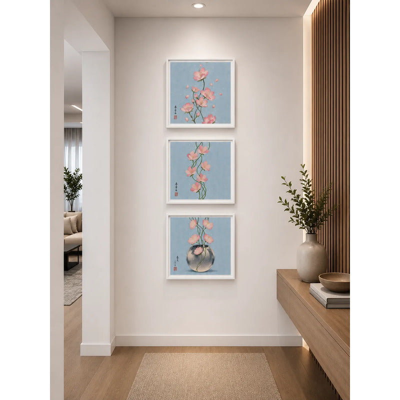 Set 3 Cuadros Flores Cerezo Arte Japones Tonos Azul 33x33cm Marco Blanco