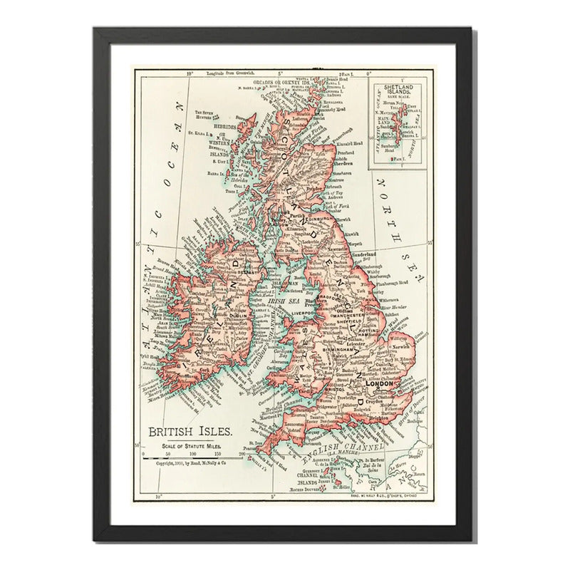 Cuadro Mapas Del Mundo Mapamundi Cartografia Vintage Arte Mapa Histórico Islas Británicas 1900 Con Marco Negro