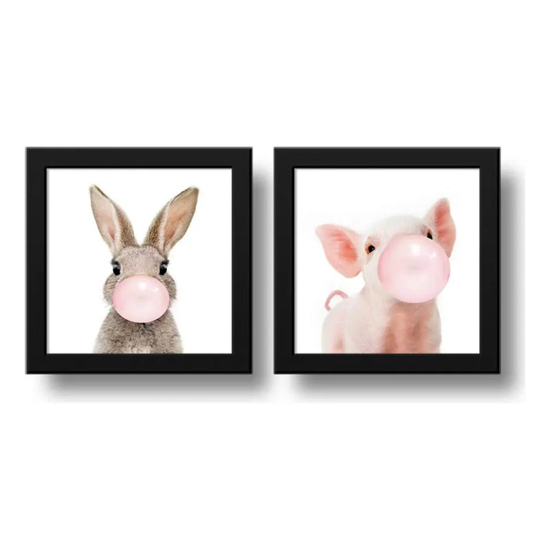 Set 2 Cuadros Conejo Chicle Cerdo Baby Animals Decoracion