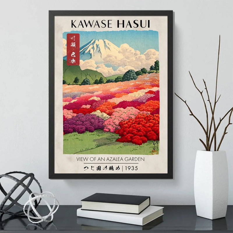 Cuadro Kawase Hasui Arte Japónes Vista De Jardín De Azaleas Marco Negro