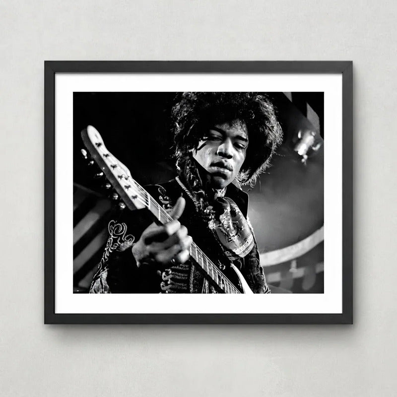 Cuadro Jimi Hendrix Blanco Y Negro Psicodélico Rock Guitarra Marco Negro