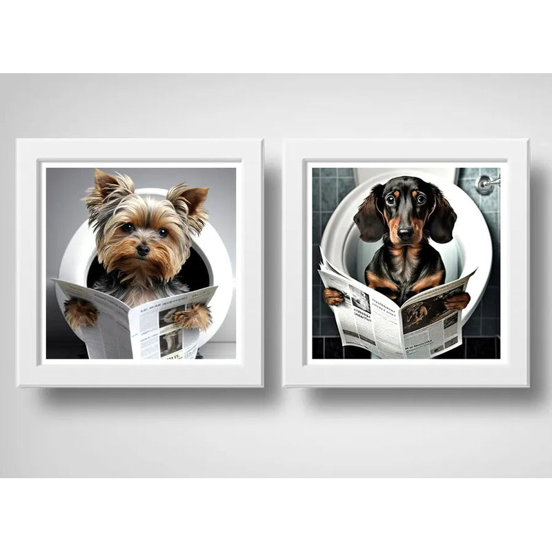 Set 2 Cuadros Perro Baño Dachshund Yorkshire Mascotas Arte