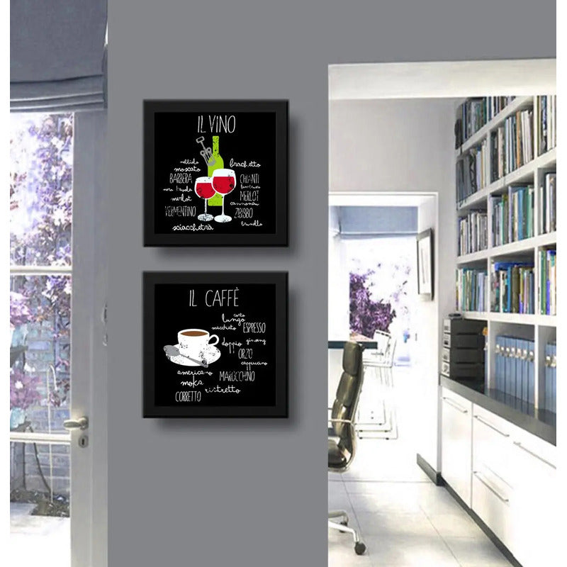 Set 2 Cuadros Café Y Vino Cocina Gourmet Decoracion 33x33cm Marco Negro
