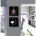 Set 2 Cuadros Café Y Vino Cocina Gourmet Decoracion 33x33cm Marco Negro