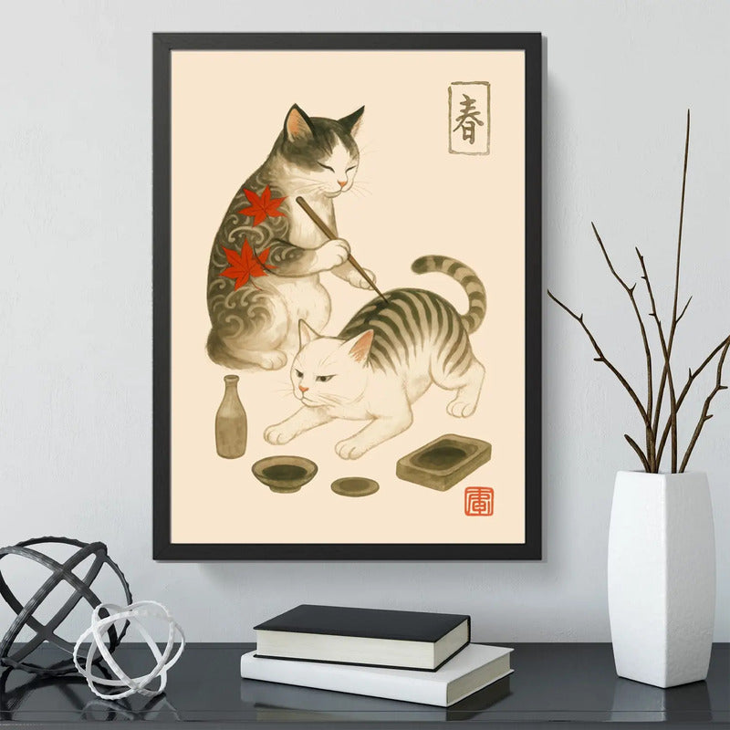 Cuadro Gato Arte Japonés Tattoo Tebori Tatuador Decoracion Marco Negro