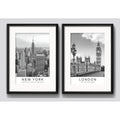 Set 2 Cuadros New York Londres Blanco Negro 53x43cm Paspartú Marco Negro