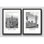 Set 2 Cuadros New York Londres Blanco Negro 53x43cm Paspartú Marco Negro