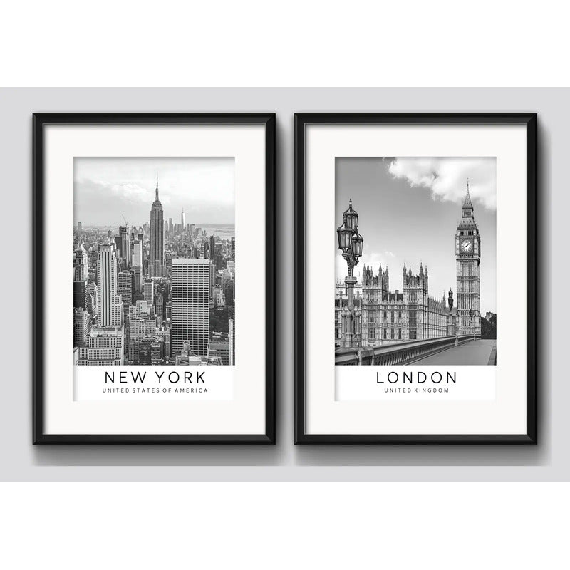 Set 2 Cuadros New York Londres Blanco Negro 53x43cm Paspartú Marco Negro