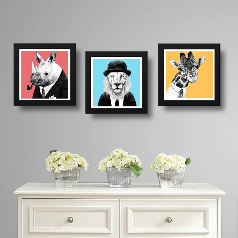 Set 3 Cuadros León Jirafa Rinoceronte Hispter Pop Art Decor