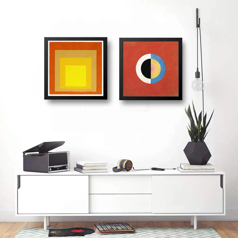 Set 2 Cuadros Josef Albers Hilma Af Klint Tonos Rojo 33x33cm Marco Negro