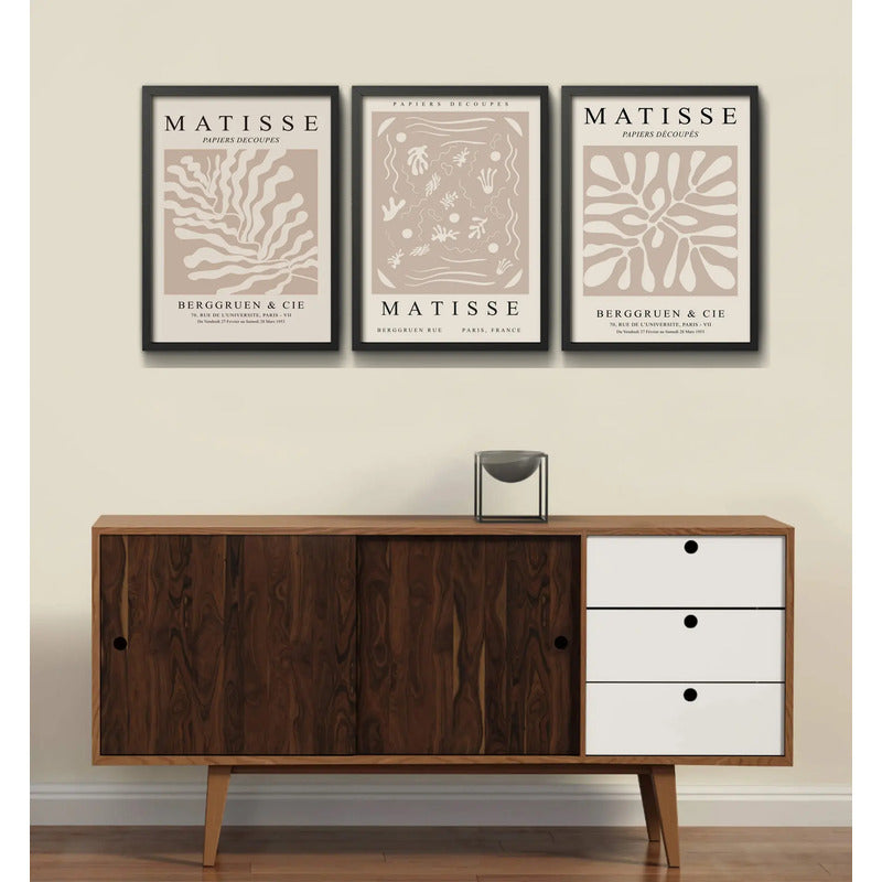 Set 3 Cuadros Dormitorio Living Matisse Tonos Beige Pastel Marco Negro